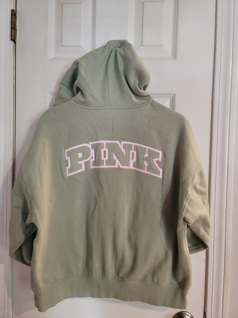 PINK Sage Green Woma  Zip Hoodie with Light Pink Logo, and matching pants.